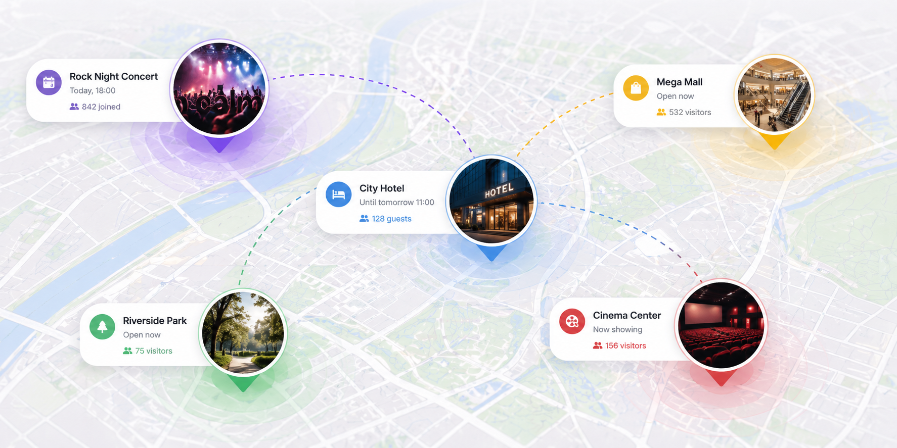 Map showing live Resilo Sessions across a city — concert, hotel, mall, park, and cinema with live participant counts